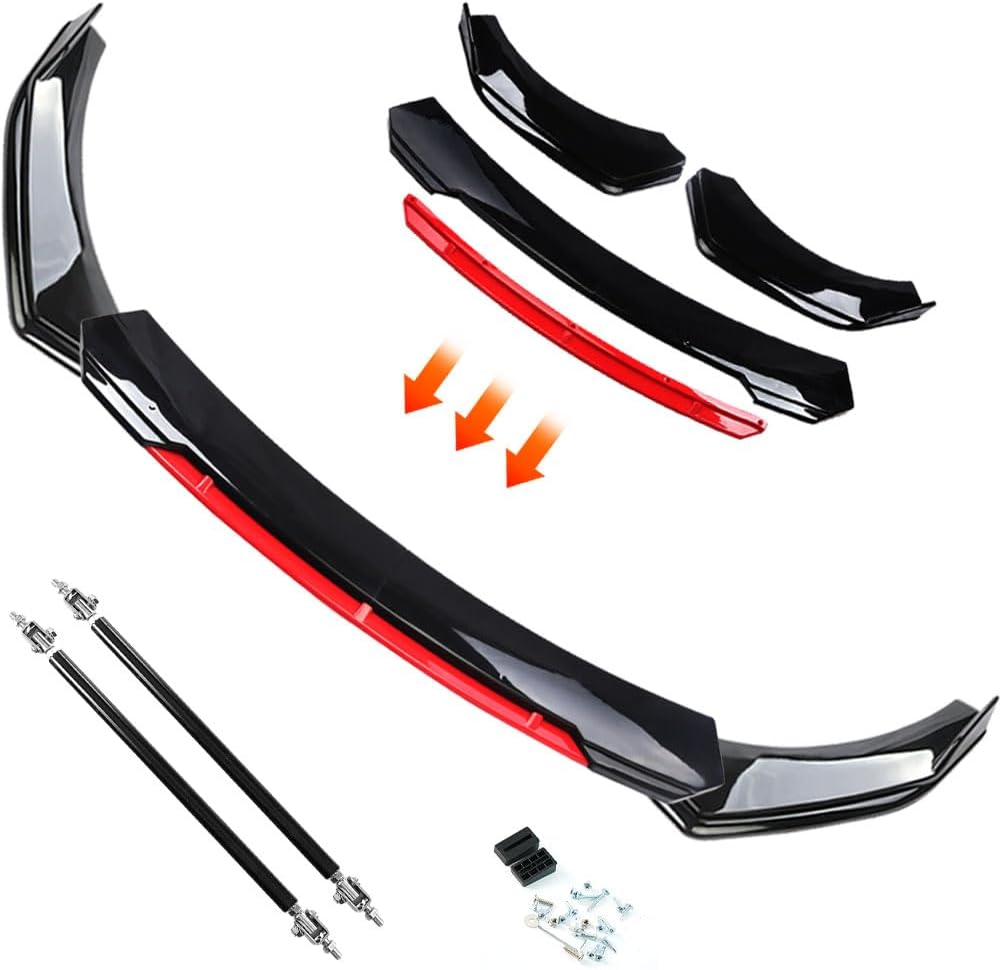 Evargc Black & Red Universal 69 - 73 Adjustable Car Front Bumper Lip Splitter Chin Spoiler Body Kit with 86.6 Side Skirt Extension Rocker Panel and Rear Bumper Lip Diffuser Compatible Most Vehicle