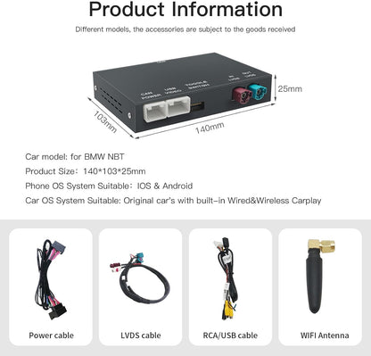 AUTOABC Wireless CarPlay/Android Car Modification Module for BMW NBT System 3/4/5/6/7 Series X1/X3/X4/X5/X6 2012-2016 Support Mirrorlink and OEM Car Functions