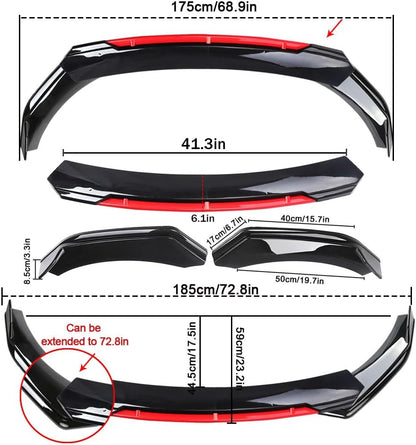 Evargc Black & Red Universal 69 - 73 Adjustable Car Front Bumper Lip Splitter Chin Spoiler Body Kit with 86.6 Side Skirt Extension Rocker Panel and Rear Bumper Lip Diffuser Compatible Most Vehicle