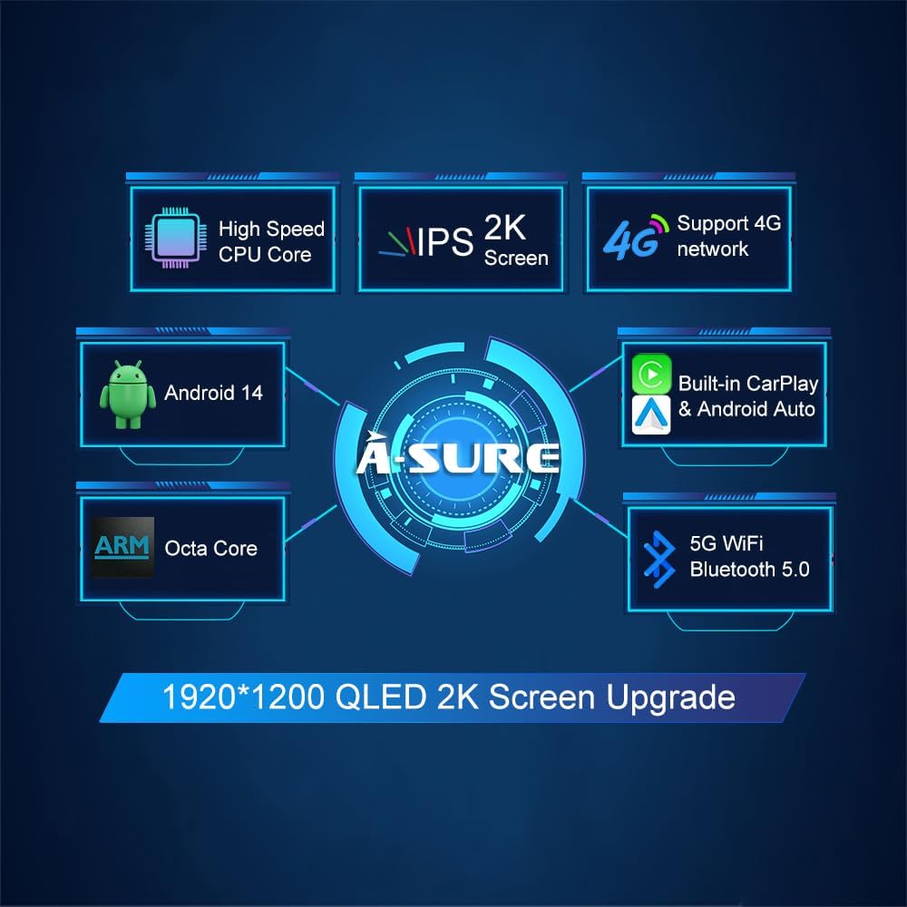 ASURE 13.1 2K QLED Car Stereo Radio for Chevy Silverado, Tahoe, GMC Sierra 1500,Wireless CarPlay & Android Auto,Android 14 Octa-Core,4G LTE GPS Navigation,HD Backup Camera,BT5.0,4GB+64GB