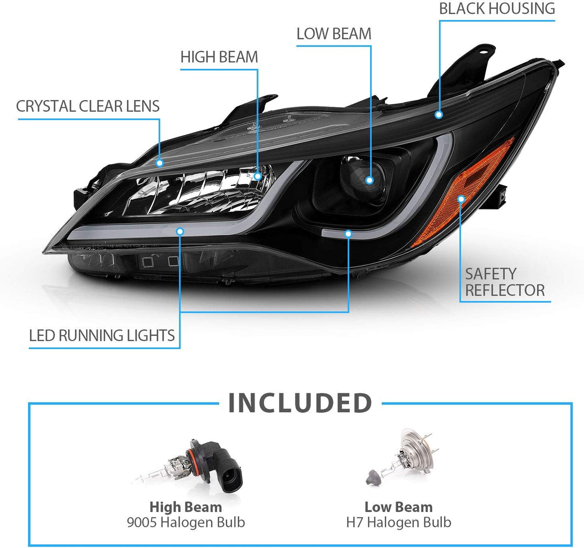 AmeriLite Glow LED Tube Projector Halogen Headlights Assembly Pair For 2015-2017 Toyota Camry Sedan - Passenger and Driver Side, Vehicle Light Assembly, Black
