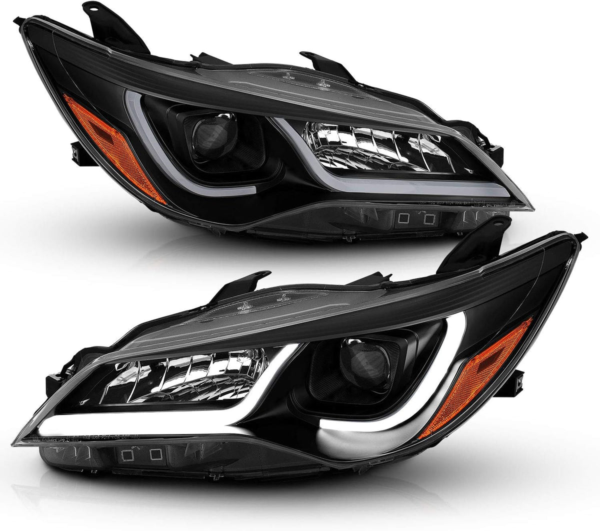 AmeriLite Glow LED Tube Projector Halogen Headlights Assembly Pair For 2015-2017 Toyota Camry Sedan - Passenger and Driver Side, Vehicle Light Assembly, Black