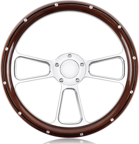 QYMOPAY 5 Holes 5 Bolts Steering Wheel, 14 inch Wooden Racing Steering Wheel, Grip with Rivets with HornButton Steering Wheel, Car Interior Accessories, Car Modification Replacement Parts
