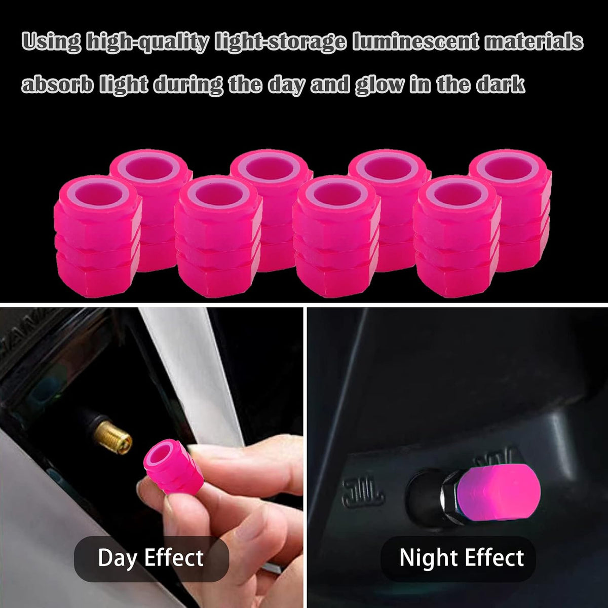 8PCS Car Tire Valve Stem Caps, Universal Noctilucent Waterproof Car Wheel Tire Caps, Suitable for Air Valve Caps for Cars, Motorcycles, Bicycles (Pink)