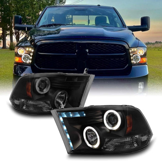 AKKON - For 09 10-18 Dodge Ram Pickup Truck Smoked Smoke Dual Halo Ring LED Projector Headlights Replacement Left + Right