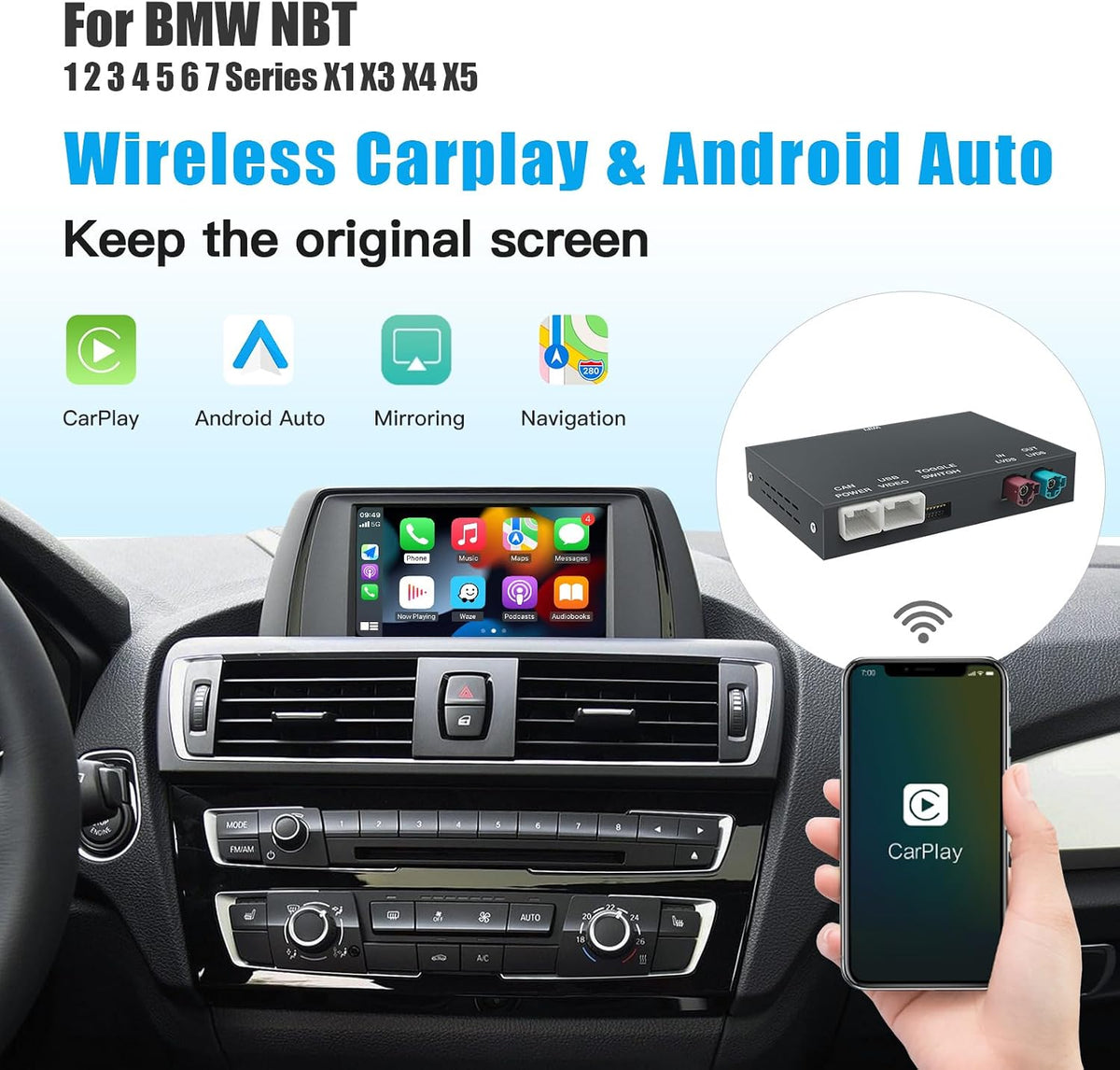 AUTOABC Wireless CarPlay/Android Car Modification Module for BMW NBT System 3/4/5/6/7 Series X1/X3/X4/X5/X6 2012-2016 Support Mirrorlink and OEM Car Functions