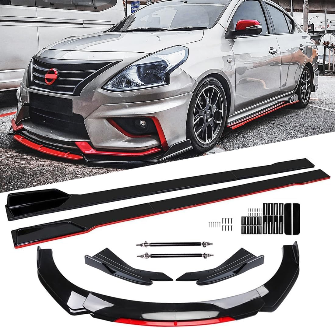 Evargc Black & Red Universal 69 - 73 Adjustable Car Front Bumper Lip Splitter Chin Spoiler Body Kit with 86.6 Side Skirt Extension Rocker Panel and Rear Bumper Lip Diffuser Compatible Most Vehicle