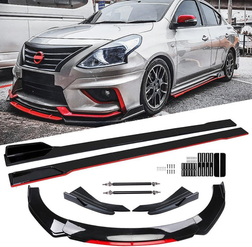Evargc Black & Red Universal 69 - 73 Adjustable Car Front Bumper Lip Splitter Chin Spoiler Body Kit with 86.6 Side Skirt Extension Rocker Panel and Rear Bumper Lip Diffuser Compatible Most Vehicle