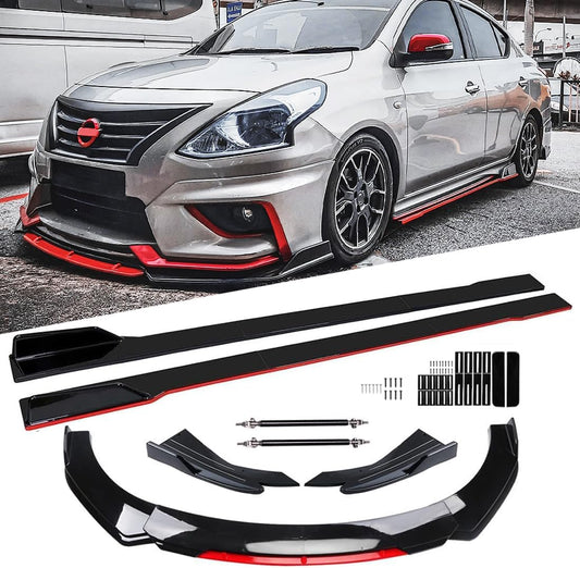 Evargc Black & Red Universal 69 - 73 Adjustable Car Front Bumper Lip Splitter Chin Spoiler Body Kit with 86.6 Side Skirt Extension Rocker Panel and Rear Bumper Lip Diffuser Compatible Most Vehicle