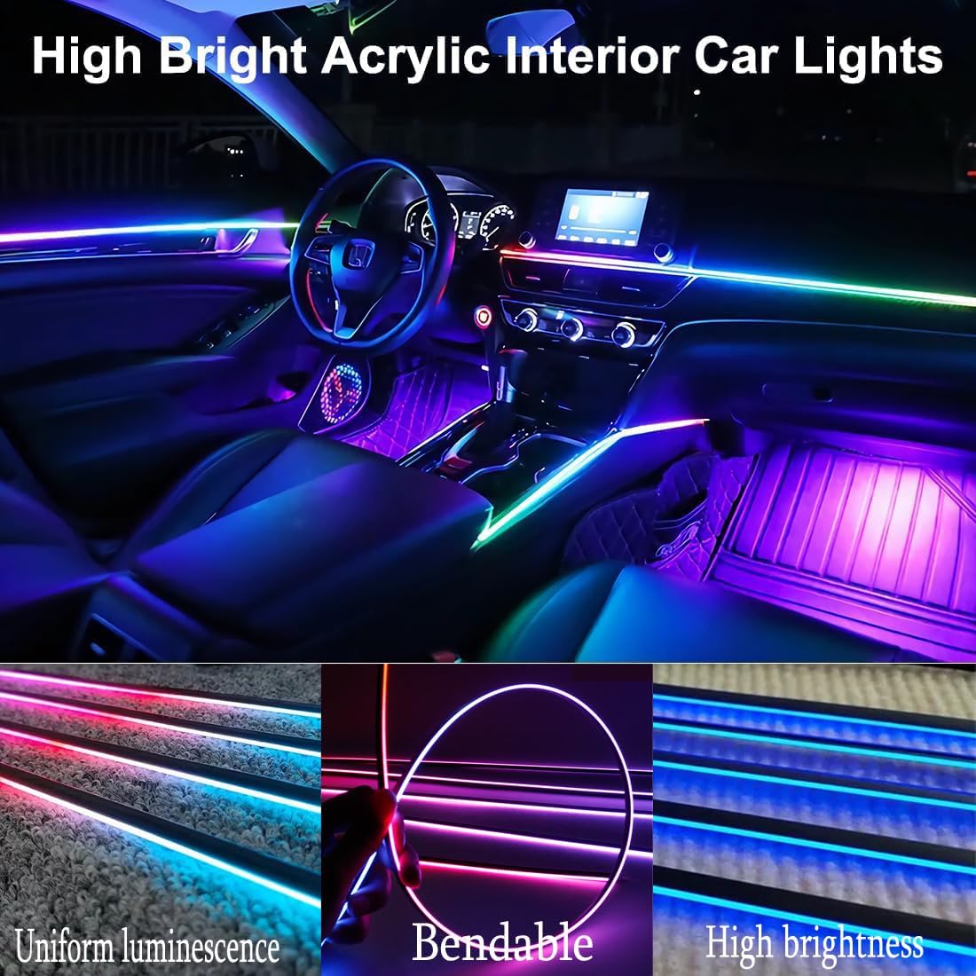 Acrylic Interior Car LED Lights with Remote and Wireless APP 10 in 1,Ambient Lighting Kits Fiber Optic Strip LEDs,16 Million Colors Music&DIY Function