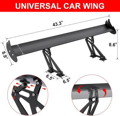 Upgrades Wing Spoiler 43.3, Aluminum Wing Adjustable Universal Lightweight Car Rear Wing GT Spoiler, Black Hatch Aluminum Single Deck fit Racing Spoiler BGW/JDM Drift