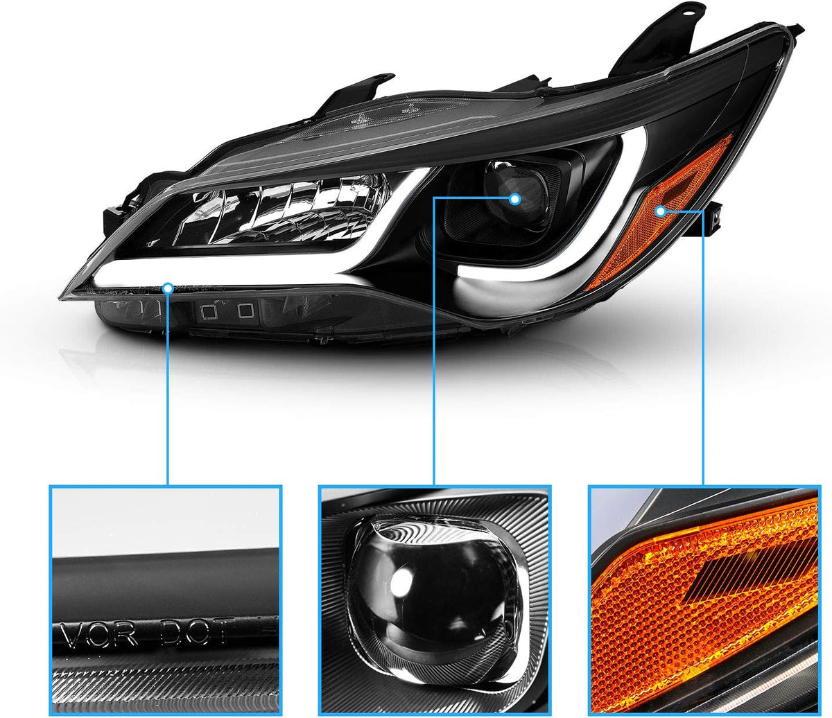 AmeriLite Glow LED Tube Projector Halogen Headlights Assembly Pair For 2015-2017 Toyota Camry Sedan - Passenger and Driver Side, Vehicle Light Assembly, Black