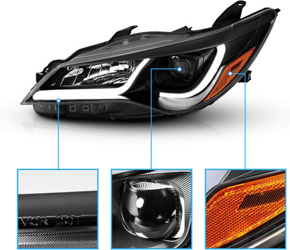 AmeriLite Glow LED Tube Projector Halogen Headlights Assembly Pair For 2015-2017 Toyota Camry Sedan - Passenger and Driver Side, Vehicle Light Assembly, Black